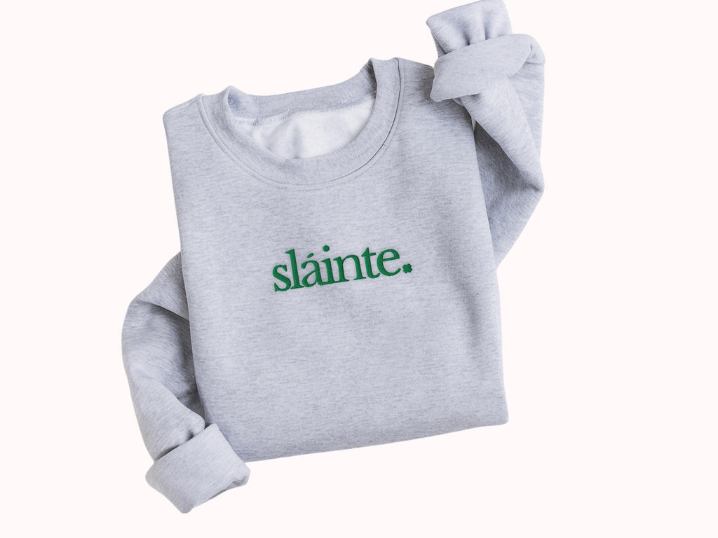 Minimalist Sláinte Embroidered Sweatshirt – St. Patrick’s Day Crewneck, Irish Shamrock Lucky Shirt, Irish Gift