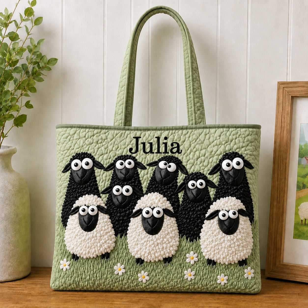 Cute Sheep Quilted Tote Bag, Black And White Sheep Shoulder Bag, Animal Pattern Art Tote, Fabric Tote Bag, Gift Bag QTOTE30