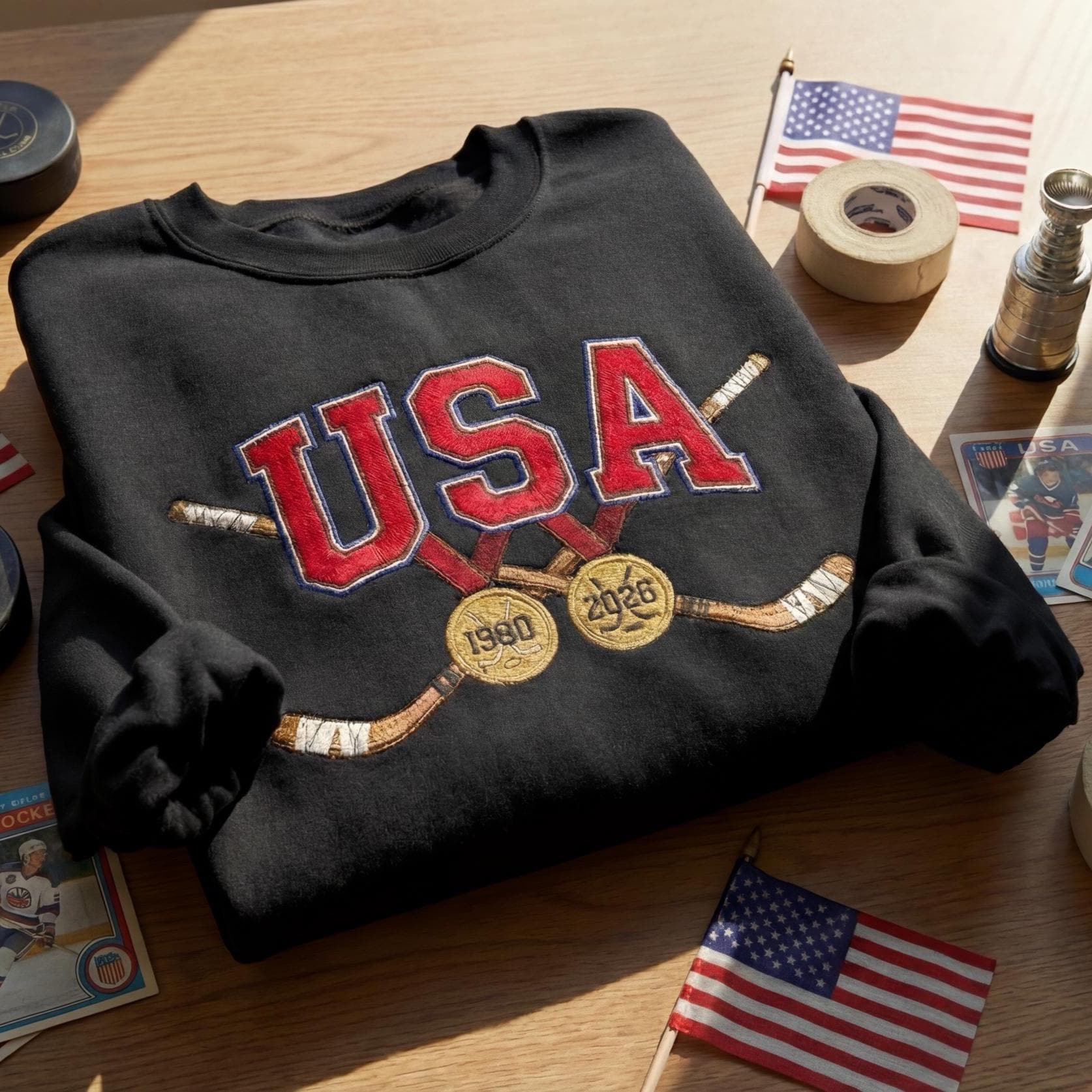 Embroidered USA Hockey Sweatshirt, Miracle On Ice 1980 2026 Shirt, Team USA Olympic Fan Gift, Hockey Stick Crewneck, Winter Sports Apparel