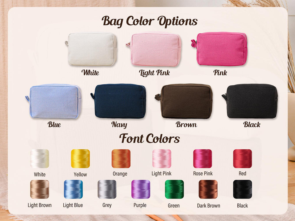 Custom Name Waffle Makeup Bag – Embroidered Monogram Cosmetic Pouch, Bridesmaid Gift, Gift for Her