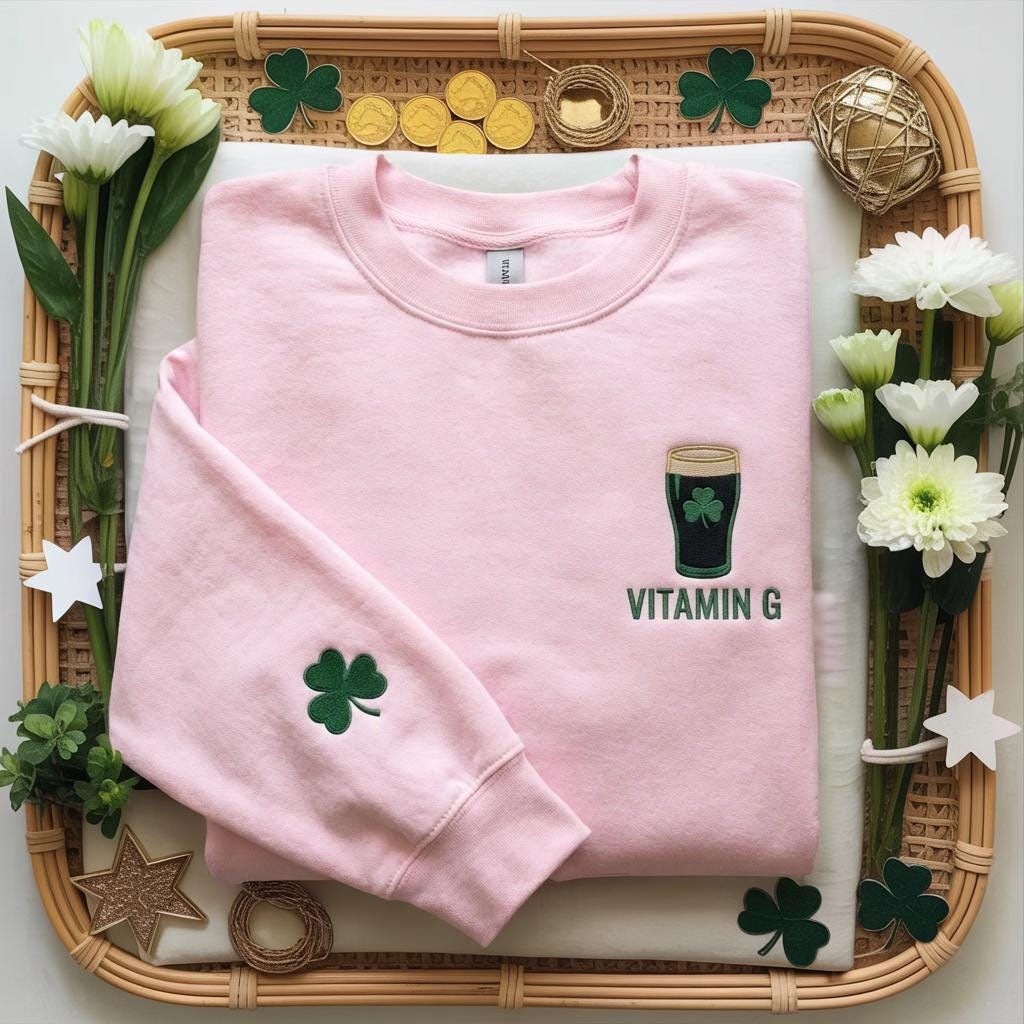 Embroidered Vitamin G Guinness Sweatshirt, Irish Beer Shirt, St. Patrick’s Day Lucky Gift, Funny Irish Drinking Crewneck