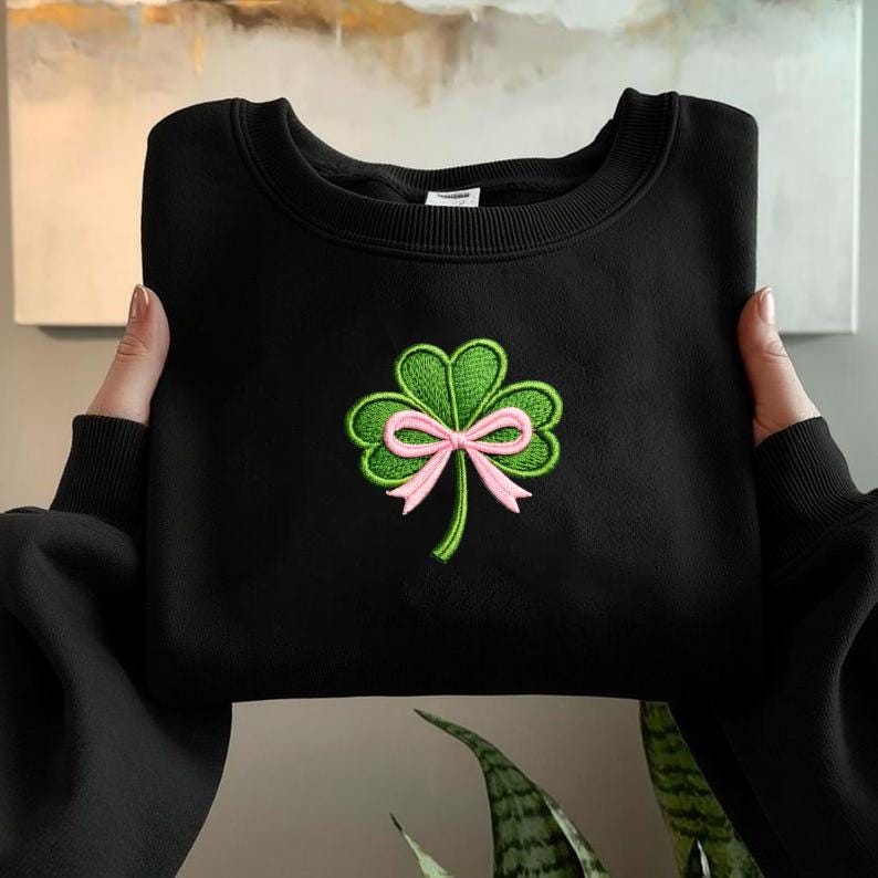 Embroidered St. Patrick’s Day Sweatshirt – Irish Shamrock Bow Embroidery Design, Saint Patrick’s Day Crewneck