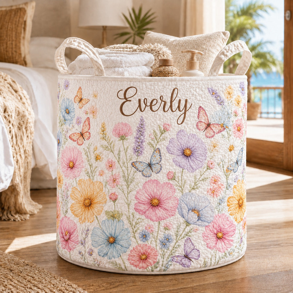 Flower Pattern Quilted Laundry Basket, Custom Floral Storage Hamper, Custom Name Quilted Basket, Laundry Room Decor, Fabric Clothes Basket QBK89