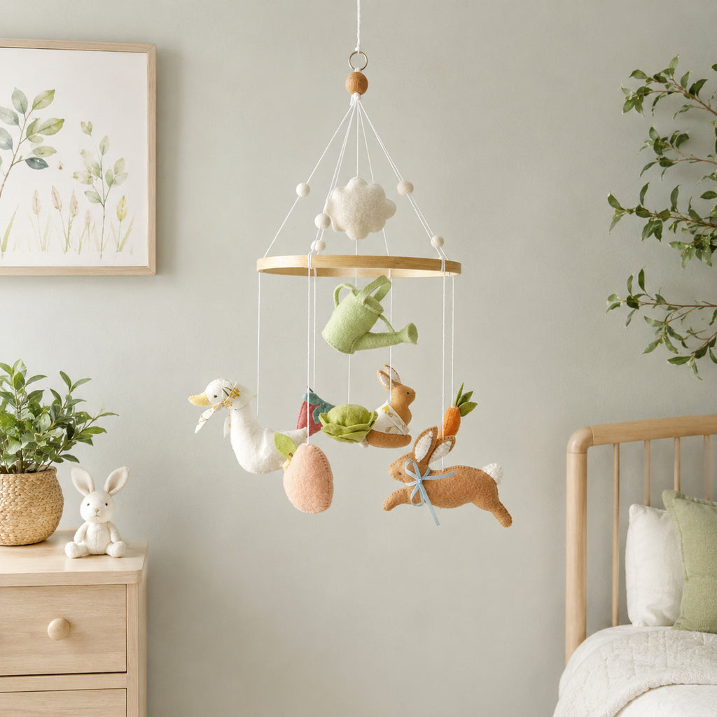 Personalized Garden Bunny Felt Baby Mobile, Handmade Rabbit Nursery Crib Mobile, Goose, Carrot and Spring Baby Room Decor BBMB05