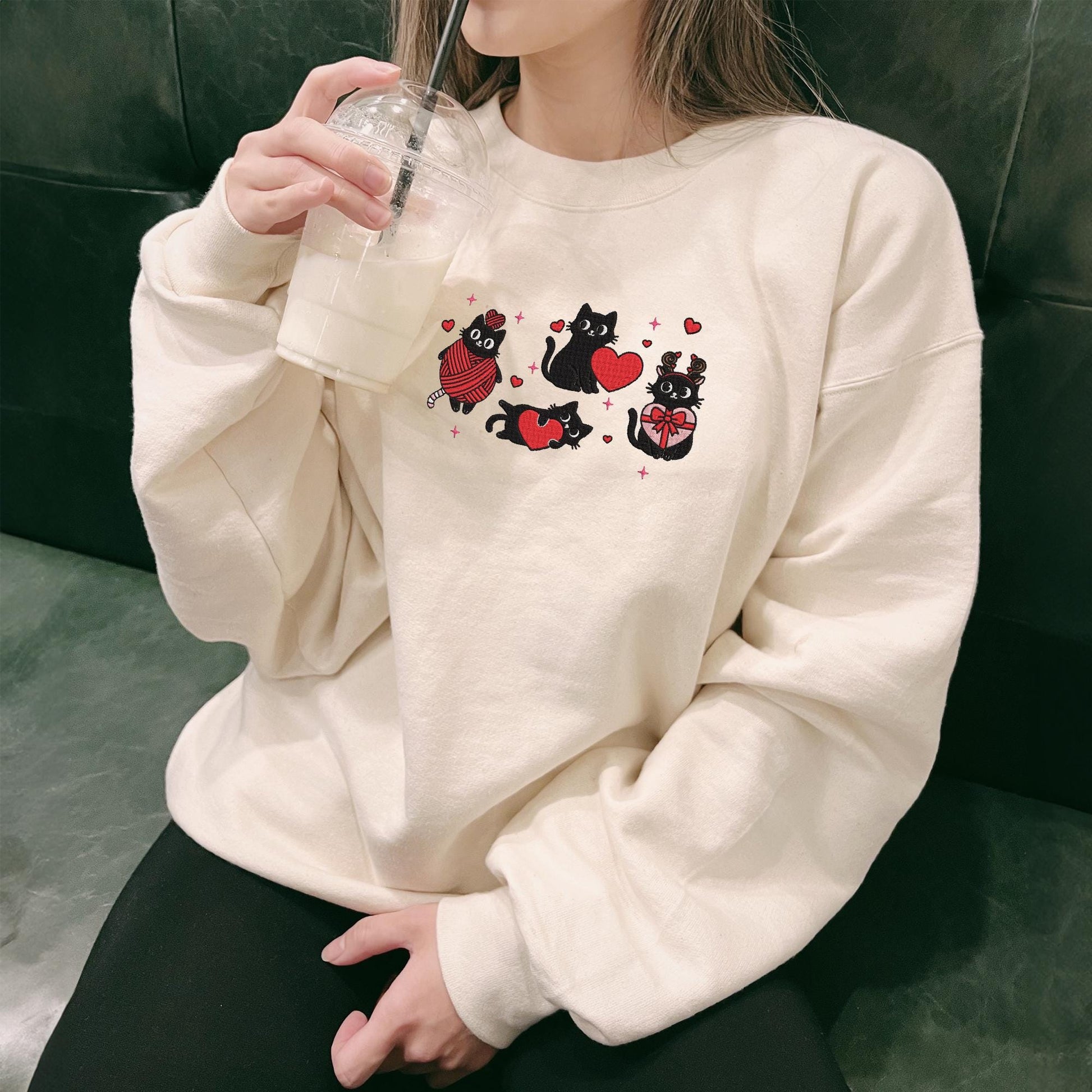 Embroidered Black Cat Sweatshirt, Valentine’s Day Cat Lover Sweater, Cute Cat Mama Gift