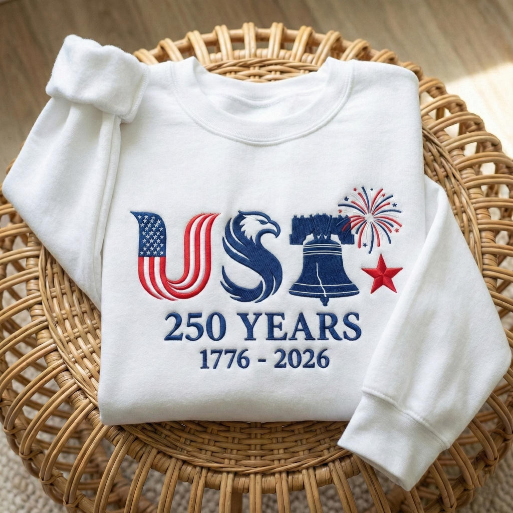 EMBROIDERED USA 250 Years Sweatshirt, American Independence Day Shirt, 1776–2026 Patriotic Crewneck, Liberty Bell Eagle Fourth of July Gift