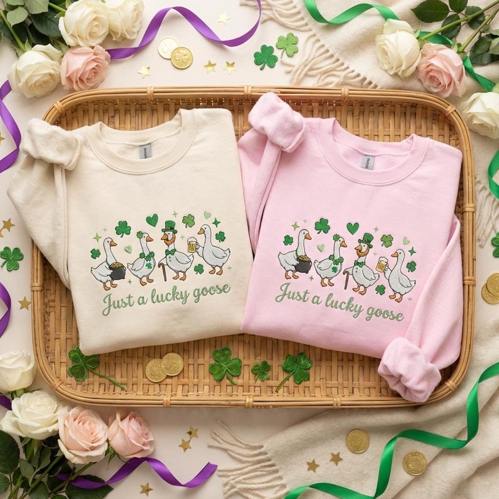 St. Patrick’s Goose Shirt – Irish Lucky Day Goose Embroidered Shirt, Just a Lucky Goose Tee, St. Patrick’s Day Gift