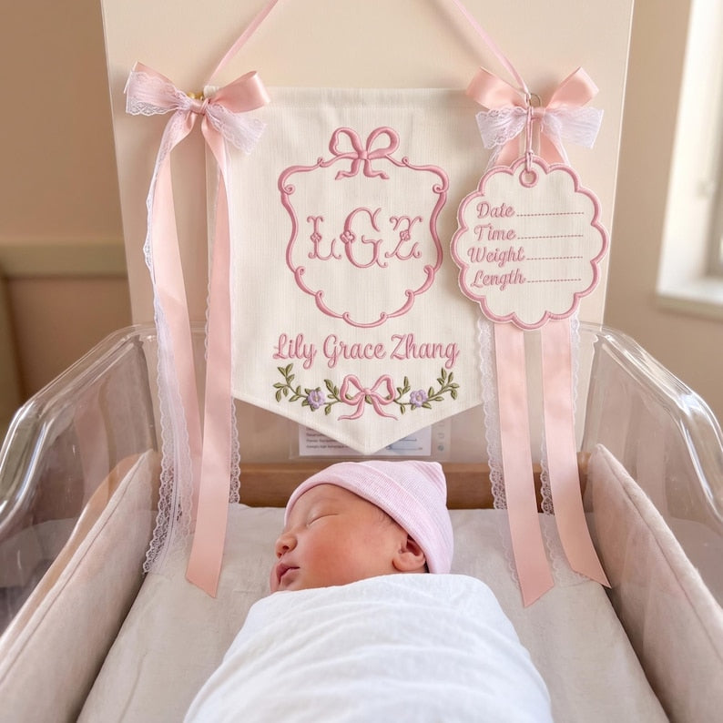 Personalized Embroidered Baby Name Banner, Custom Nursery Pennant with Floral Stork Design, Newborn Gift & Baby Shower Decor BBFLAG05