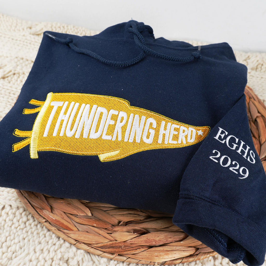 Custom Embroidered Pennant Sweatshirt, Team Name Hoodie, High School College Shirt, Game Day Gift, Personalized Friend Gift