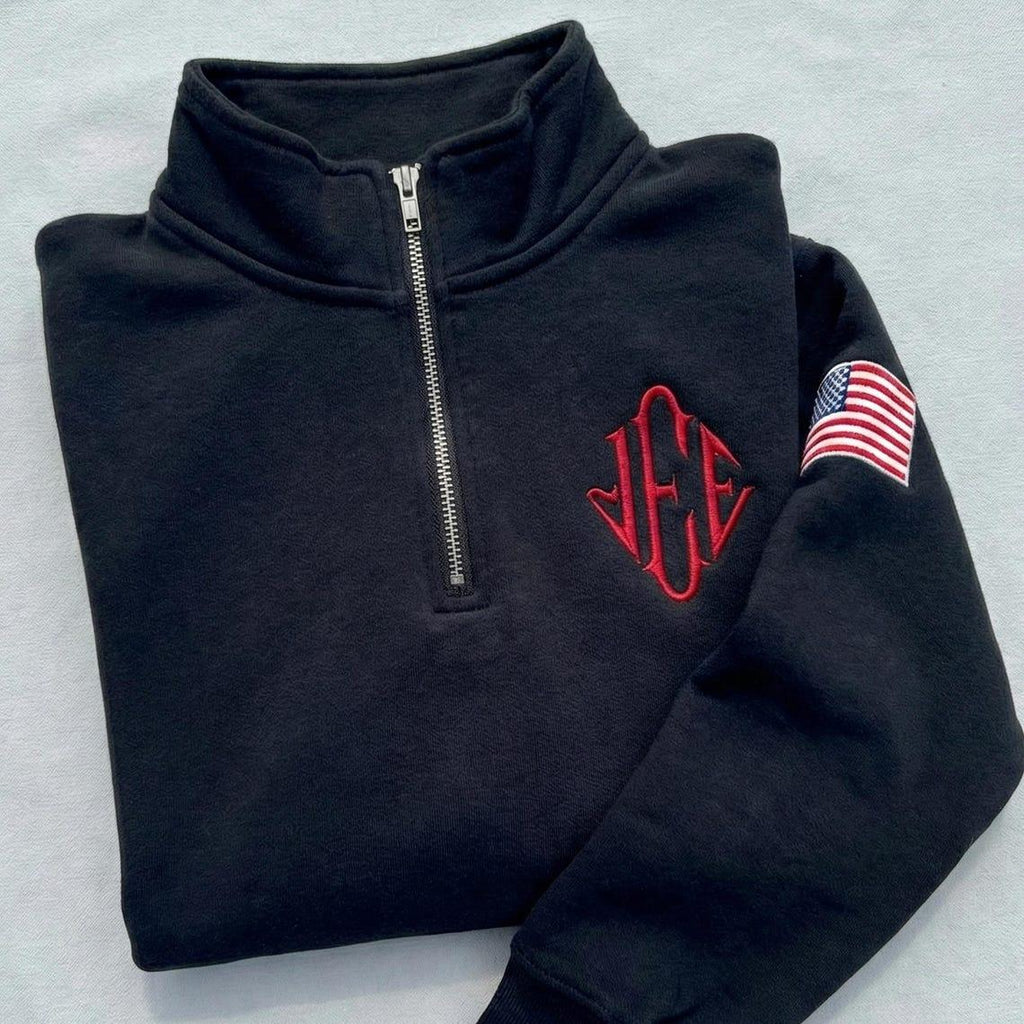 Custom Embroidered J.E.E Epstein Quarter Zip Sweashirt USA Sleeve Sweatshirt, Monogram Quarter Zip Embroidered Shirt, Fleece Unisex Pullover
