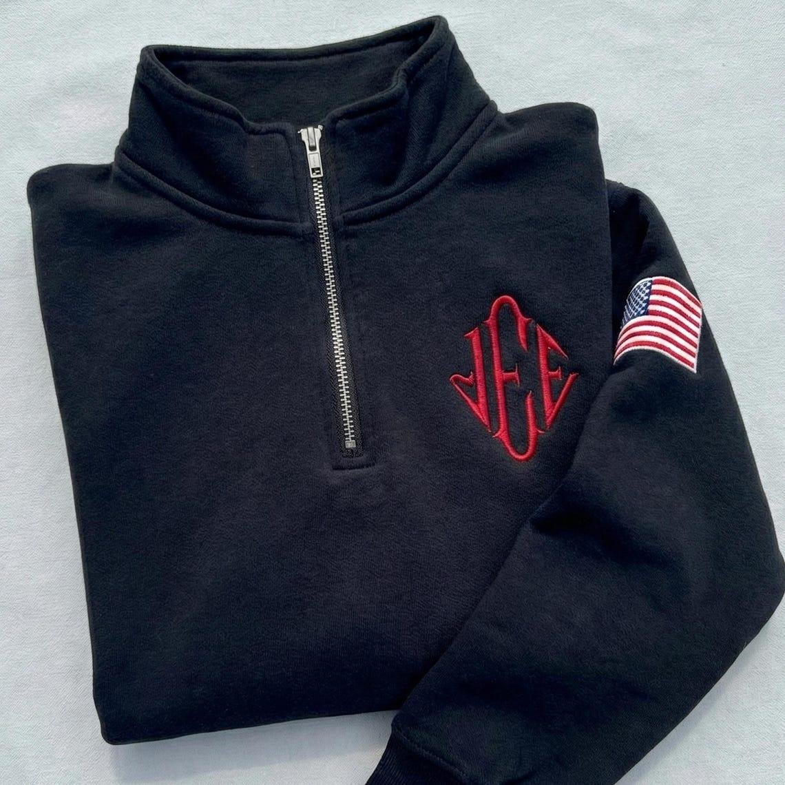 Custom Embroidered J.E.E Epstein Quarter Zip Sweashirt USA Sleeve Sweatshirt, Monogram Quarter Zip Embroidered Shirt, Fleece Unisex Pullover