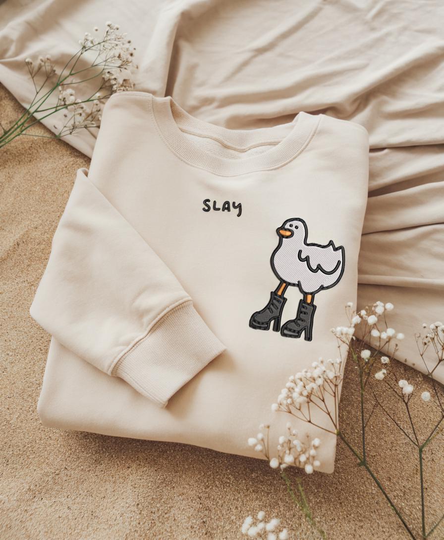 Embroidered Slay Duck Sweatshirt, Funny Duck Crewneck, Cute Monochrome Gift for Her