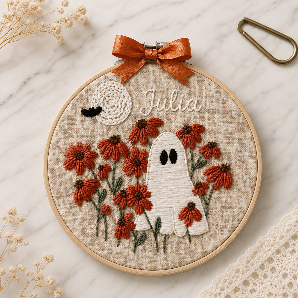 Floral Ghost Hand-Embroidery Hoop, Custom Halloween Hoop Decor, Halloween Embroidery Art, Handmade Fall Wall Hanging Gift HOOP06