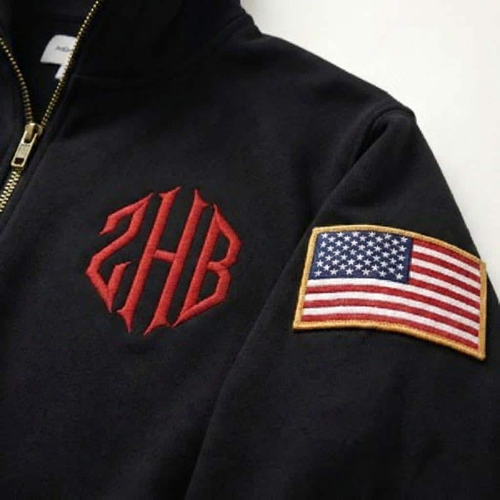 Personalize your J.E.E Epstein 1/4 zip-up sweatshirt with embroidered name, personalize your sleeve flag, JEE monogram embroidered t-shirt