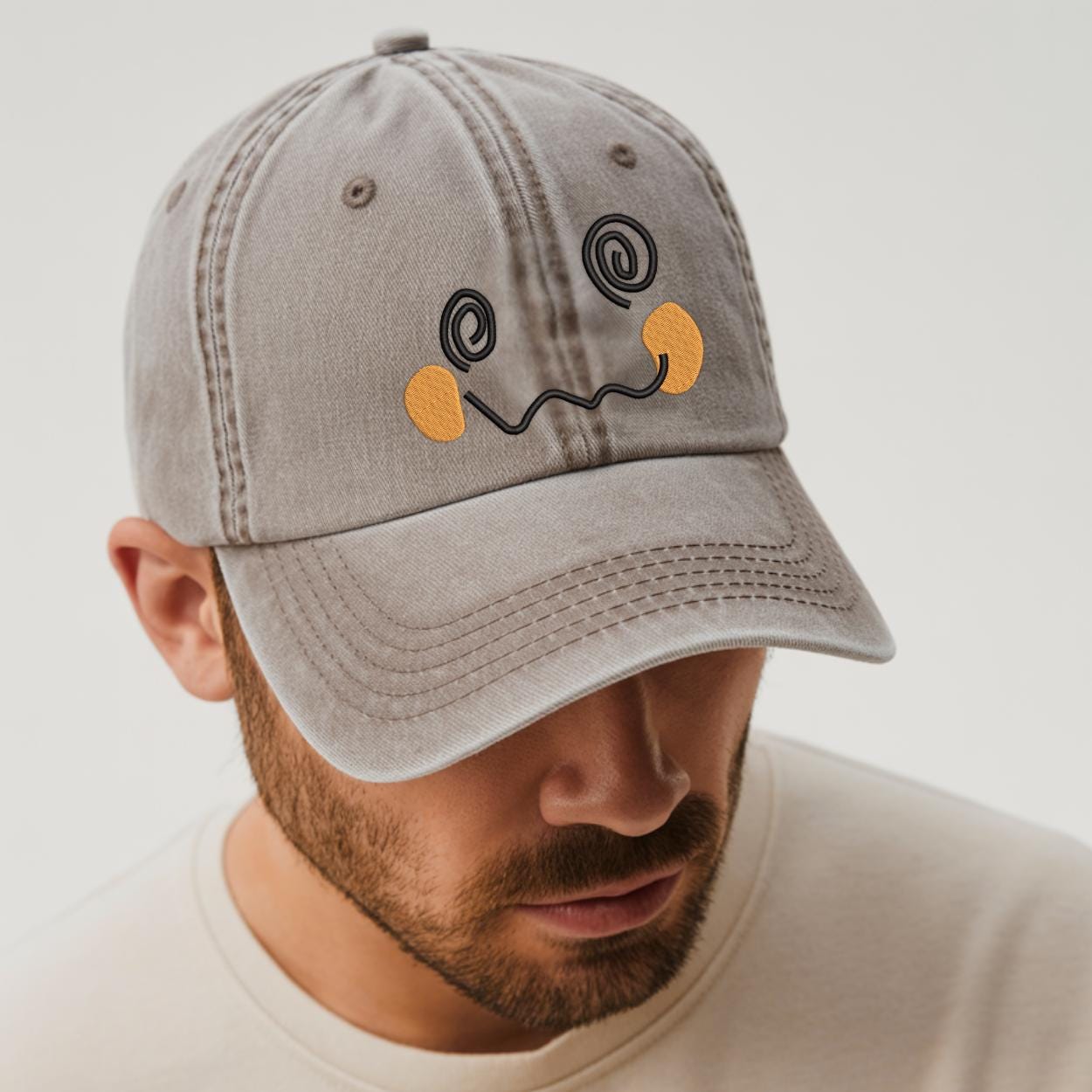 Embroidered Poka Face Washed Hat, Custom Baseball Washed Cap, Personalized Gift For Anime Fan, Pocket Beast Baseball Cap