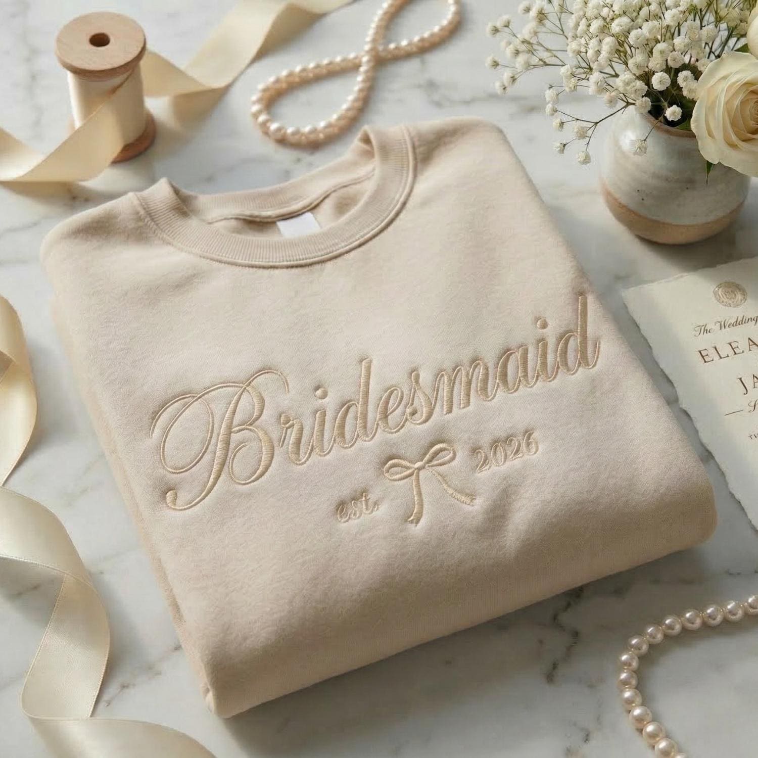 Embroidered Bride, Bridesmaid or Maid of Honor Sweatshirt, Custom Wedding Date, Personalized Bridal Party Gift, Bachelorette Crewneck