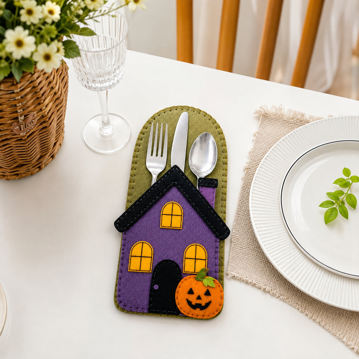 Haunted House Pumpkin Felt Cutlery Holder, Handmade Halloween Silverware Holder, Halloween Table Decor, Cutlery Pocket, Holiday Dining Decor FELTCH05