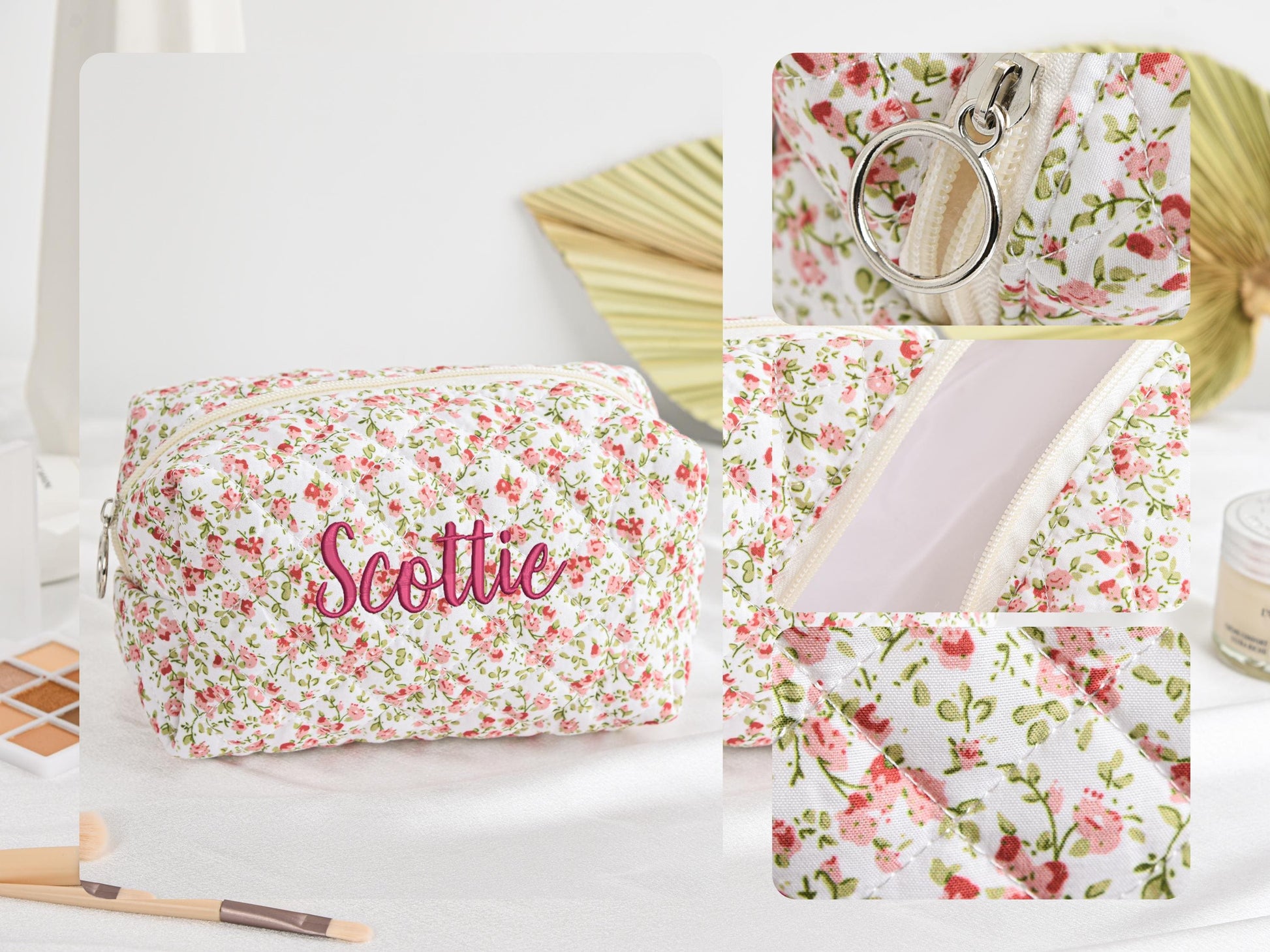 Personalized Floral Embroidered Makeup Bag, Large Capacity Cosmetic Bag, Bridesmaid & Mother’s Day Gift