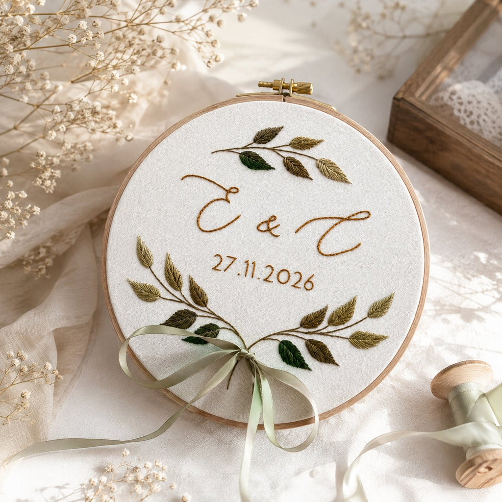 Personalized Wedding Leaf Embroidery Hoop Art, Handmade Floral Hoop, Handmade Wedding Gift & Couple Keepsake, Custom Anniversary Gift WEDDING05