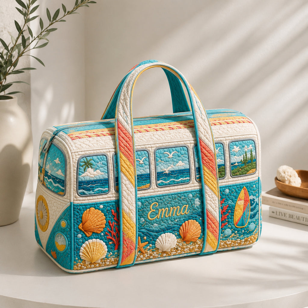 Personalized Coastal Quilted Duffle Bag, Custom Beach Travel Bag with Name, Ocean Weekender Bag, Summer Vacation Gift DFB27