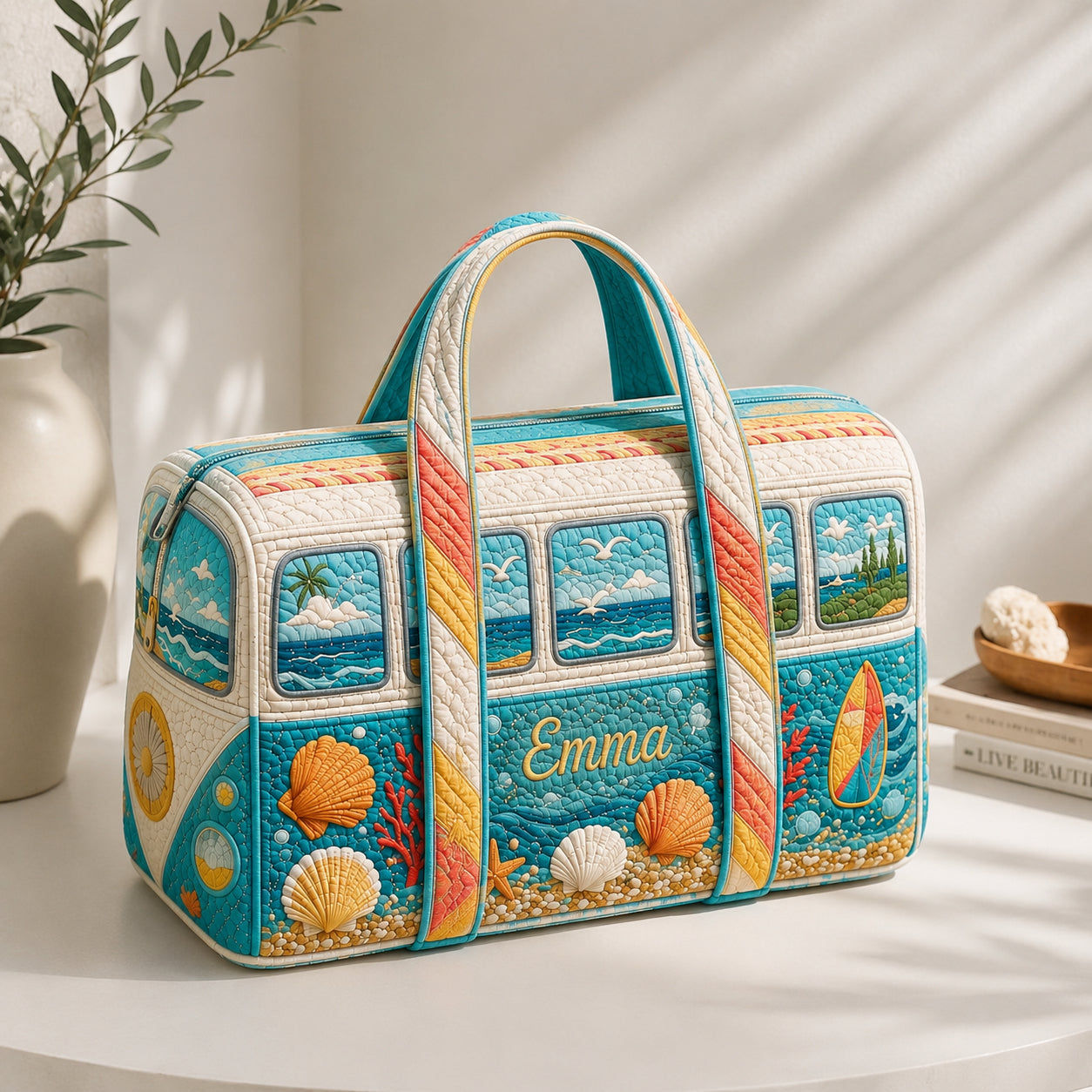 Personalized Coastal Quilted Duffle Bag, Custom Beach Travel Bag with Name, Ocean Weekender Bag, Summer Vacation Gift DFB27