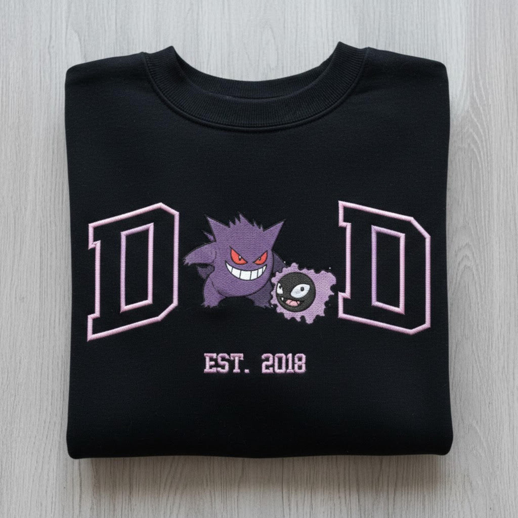 Embroidered Custom Pokedad Character Hoodie, Cute Poke Dad Characters Sweatshirt, Cozy Anime Embroidery, Gift for PKM Fans, Gift for dad