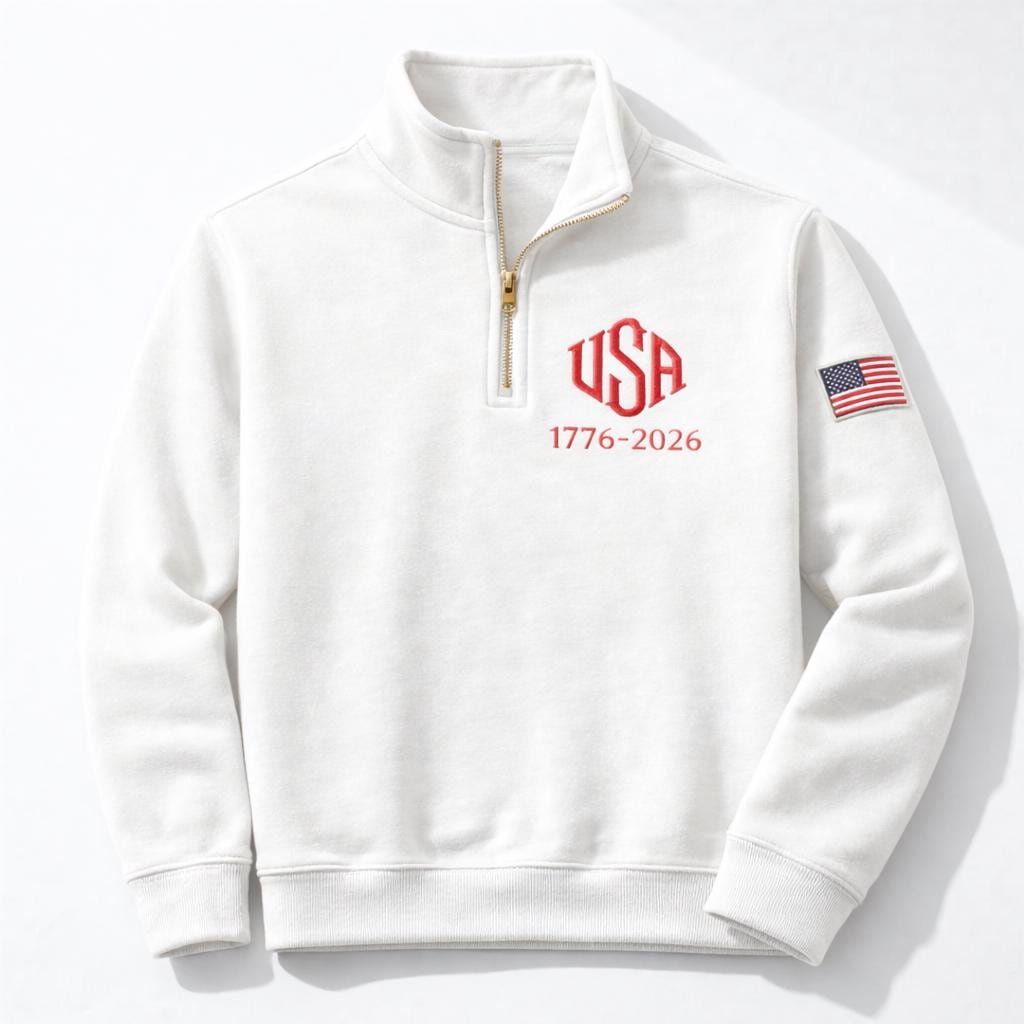 Embroidered USA 250 Years Quarter Zip Sweatshirt, Retro USA With Flag Shirt, Patriotic USA Sweatshirt, 250th Anniversary, America 1776-2026