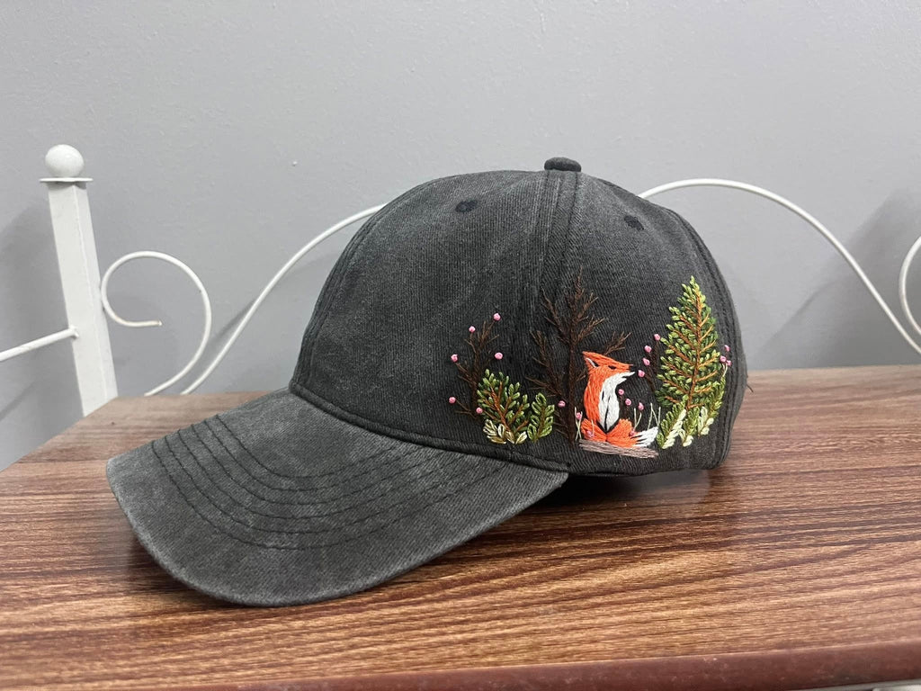 Fox Forest Hand-Embroidered Baseball Cap, Custom Embroidered Cap, Hand Embroidered Cap, Custom Hat Embroidery, Gift For Her EMH05