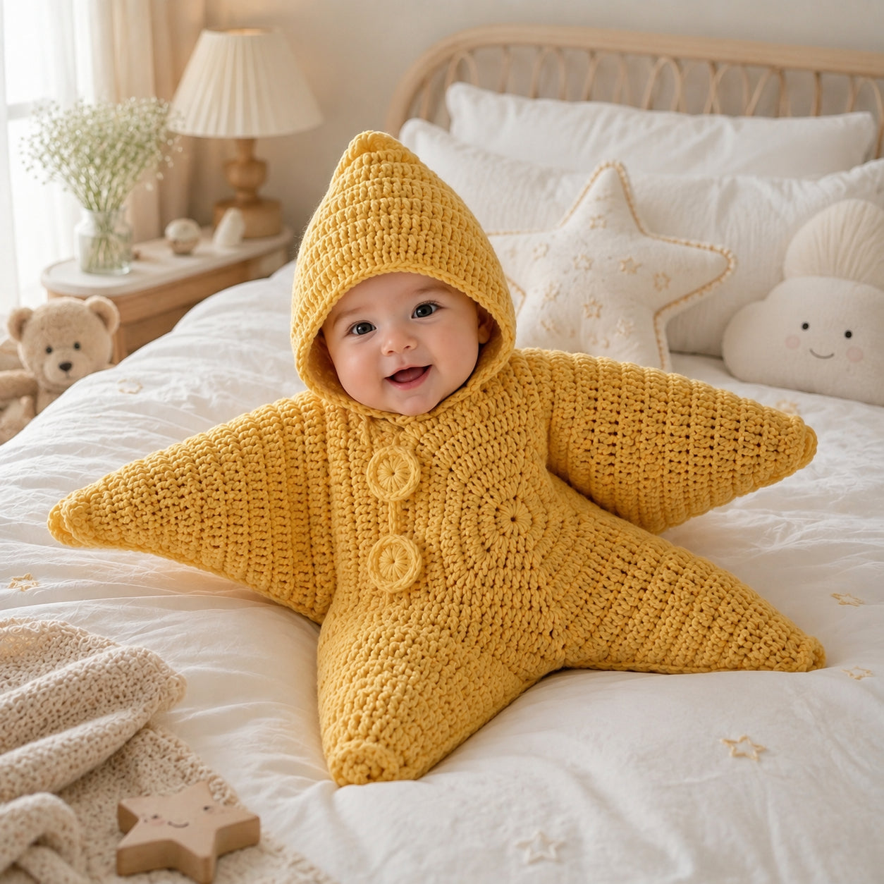 Personalized Star Baby Swaddle, Cute Baby Star Cocoon, Custom Baby Star Romper Sleep Sack, Hooded Newborn Wrap, Handmade Crochet Knit Outfit, Custom Name Baptism Baby Shower Gift BABYSR05