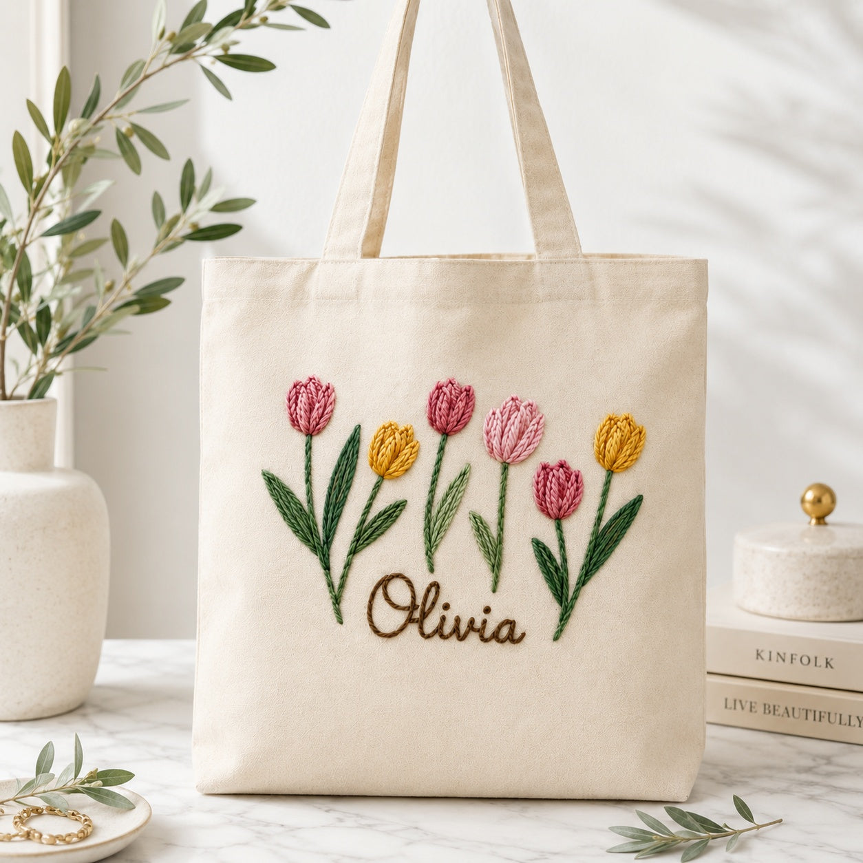 Personalized Hand Embroidered Tulip Flower Canvas Tote Bag, Embroidery Flower Tote Bag, Custom Bag, Aesthetic Bag, Handmade Tote Bag EMT05