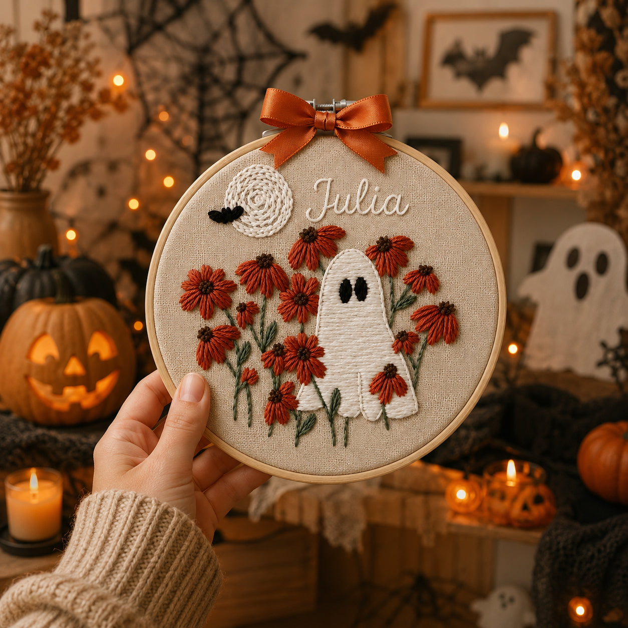 Floral Ghost Hand-Embroidery Hoop, Custom Halloween Hoop Decor, Halloween Embroidery Art, Handmade Fall Wall Hanging Gift HOOP06