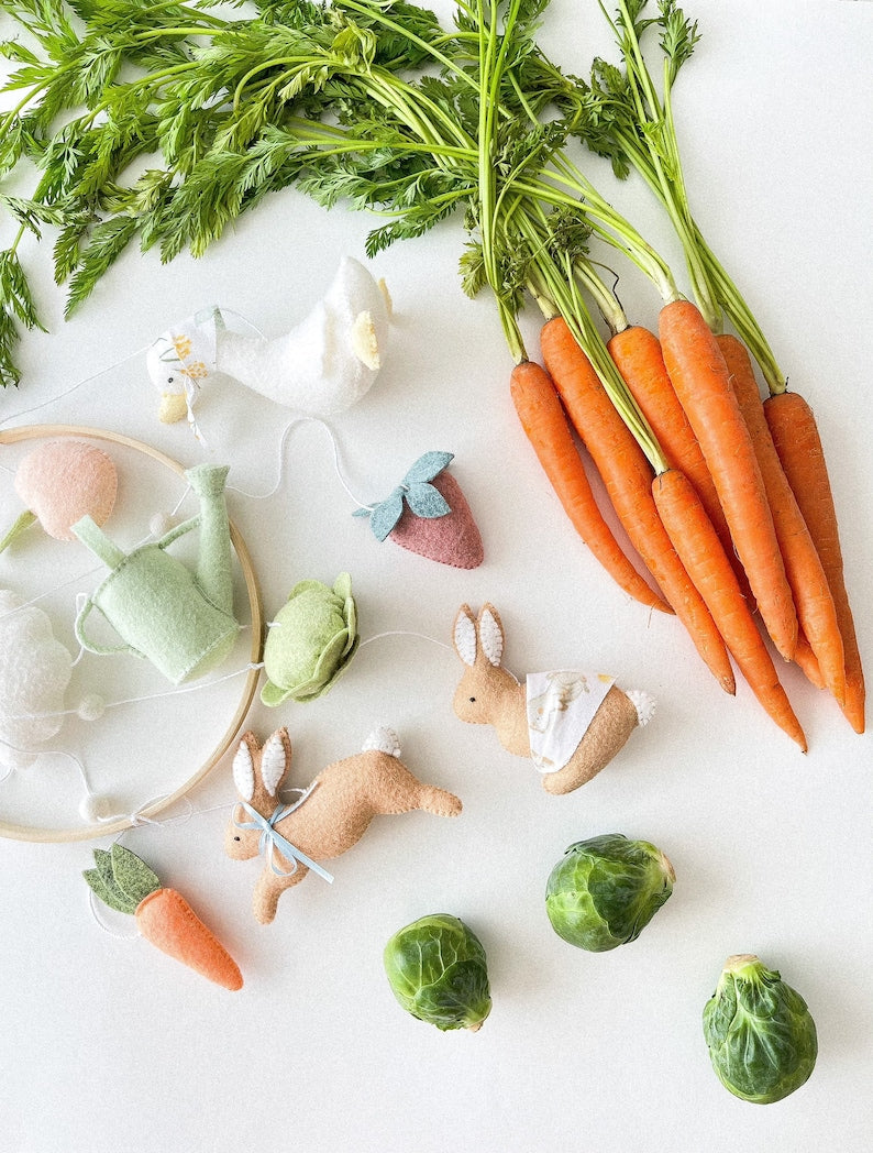 Personalized Garden Bunny Felt Baby Mobile, Handmade Rabbit Nursery Crib Mobile, Goose, Carrot and Spring Baby Room Decor BBMB05