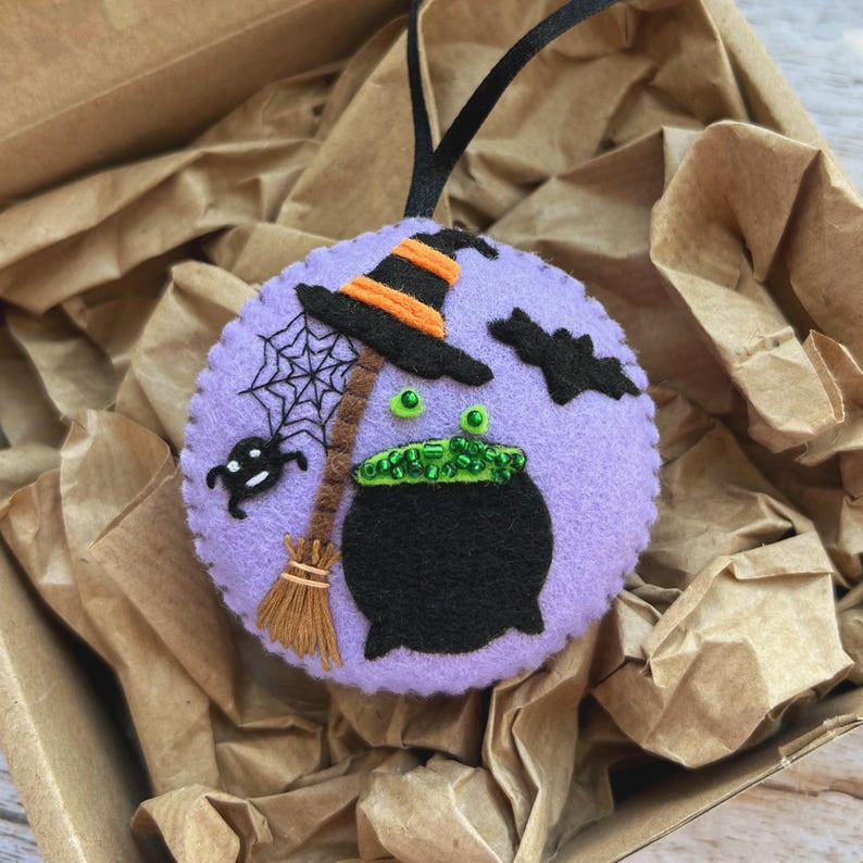 Halloween Witch Cauldron Felt Ornament, Custom Embroidery Halloween Ornament, Cute Ghost Pumpkin Cat Ornament, Hanging Decoration, Spooky Halloween Gift HFOR05