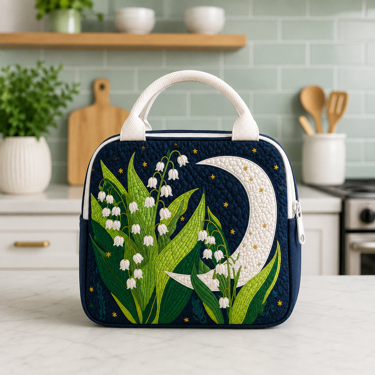 Floral Moon Quilted Lunch Bag, Insulated Quilted Lunch Tote, Flowers Lunch Bag, Custom Lunch Bag, Picnic Bag, Reusable Lunch Tote QLB05