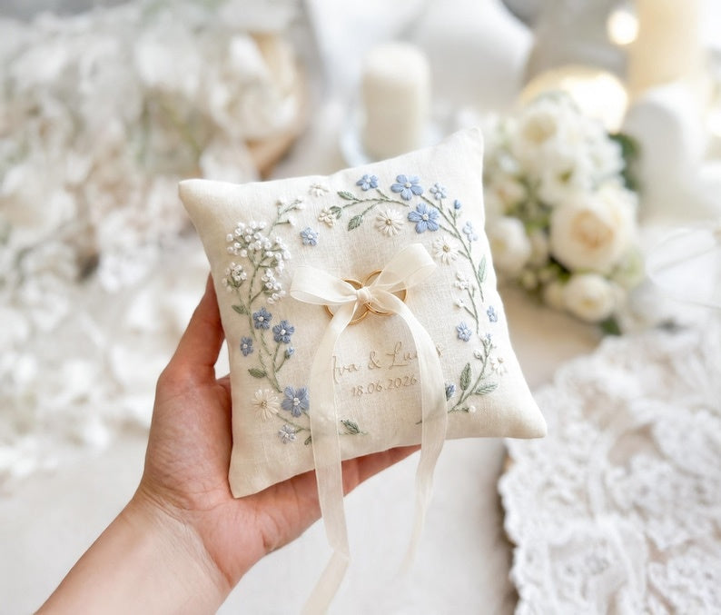 Personalized Embroidered Summer Floral Wedding Ring Bearer Pillow, Custom Wedding Ring Pillow, Wedding Keepsake Gift WPILLOW04