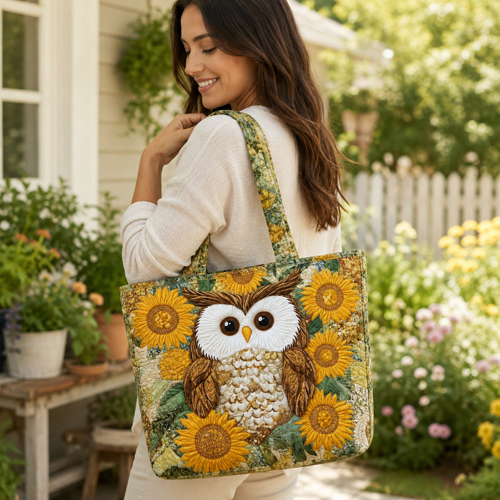 Sunflower Owl Quilted Tote Bag, Owl Floral Tote Bag, Quilted Shoulder Bag, Quilted Book Bag, Fabric Bag QTOTE56