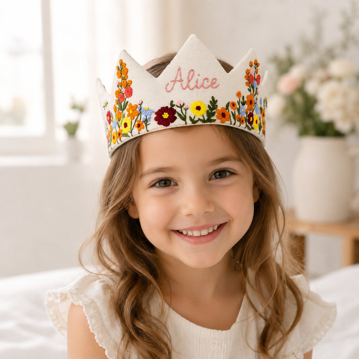 Hand-Embroidered Flower Linen Birthday Crown, Personalized Floral Name Keepsake, Birthday Crown For Kid, Custom Embroidered Crown EMC04