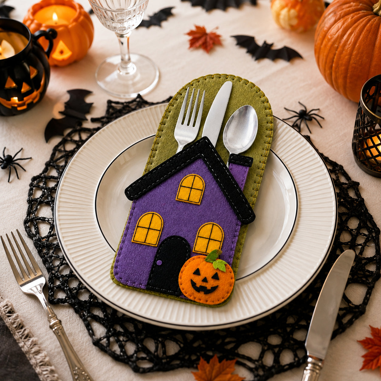 Haunted House Pumpkin Felt Cutlery Holder, Handmade Halloween Silverware Holder, Halloween Table Decor, Cutlery Pocket, Holiday Dining Decor FELTCH05