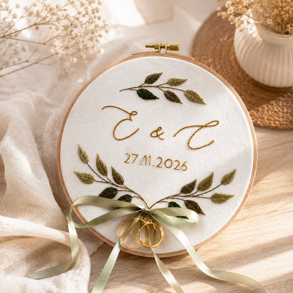 Personalized Wedding Leaf Embroidery Hoop Art, Handmade Floral Hoop, Handmade Wedding Gift & Couple Keepsake, Custom Anniversary Gift WEDDING05