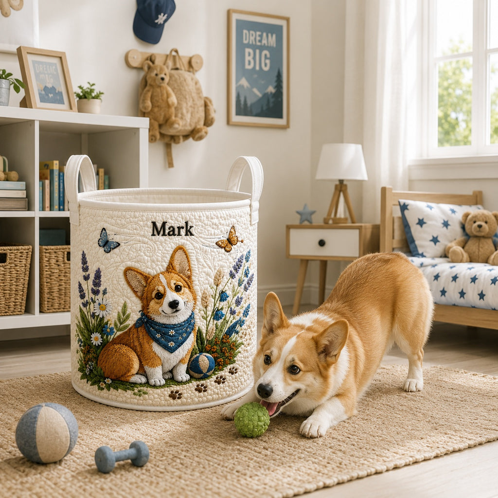 Cute Corgi Quilted Laundry Basket, Dog Storage Hamper, Custom Name Quilted Basket, Laundry Room Decor, Fabric Clothes Basket QBK80