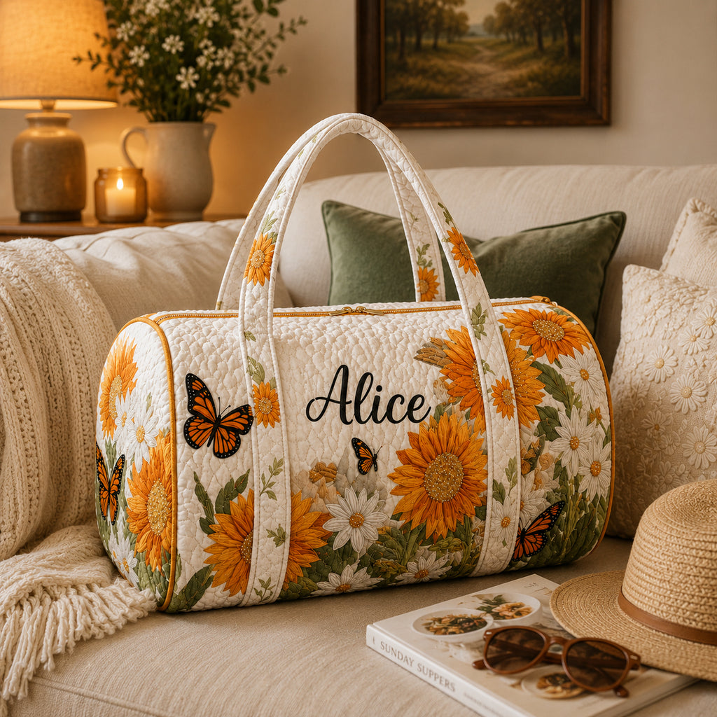 Sunflower And Butterfly Quilted Duffle Bag, Custom Floral Duffle Bag, Boho Overnight Bag, Quilted Travel Bag, Quilted Weekend Bag, Custom Bag Gift DFB05