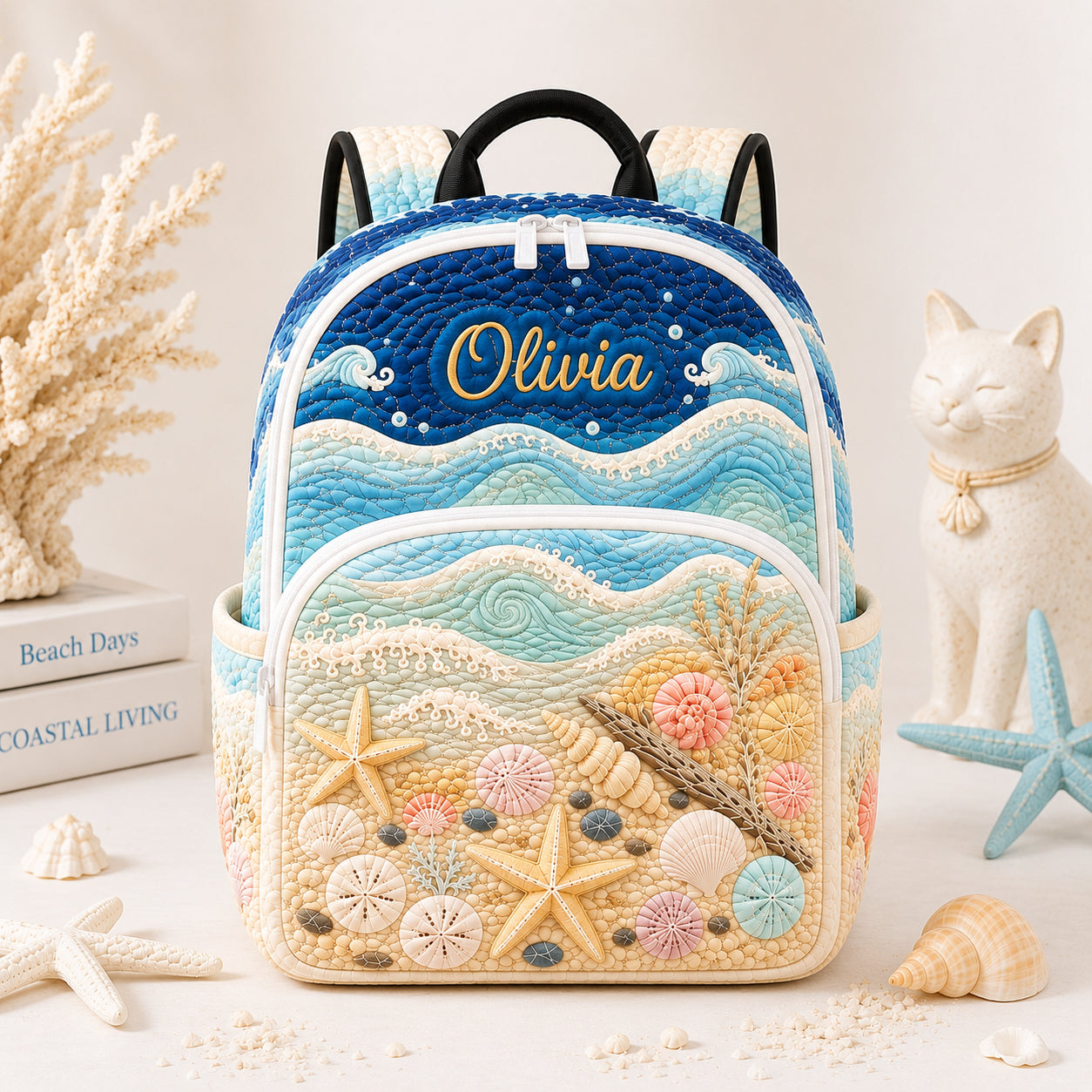 Personalized Ocean Quilted Backpack, Custom Beach Pattern Backpack, School Bag, Travel Bag, Back To School Backpack QBP02