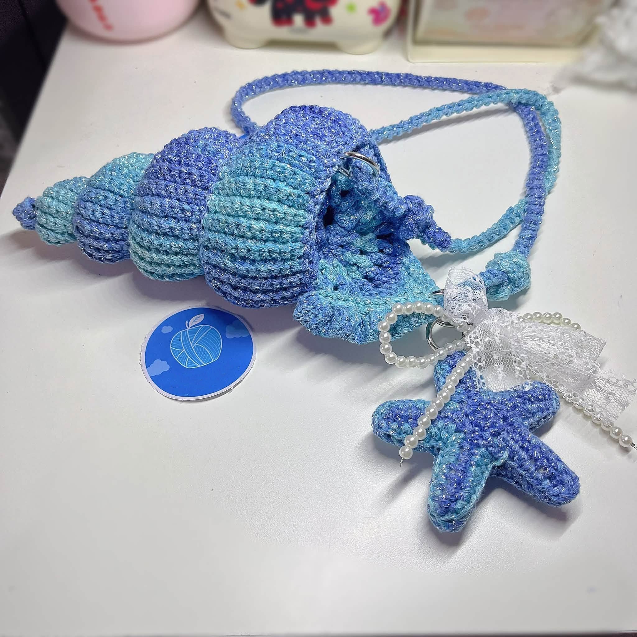 Crochet Seashell Crossbody Bag, Handmade Ocean Bag, Blue Starfish Shoulder Bag, Beach Summer Bag, Cute Coastal Gift for Her Crochet01