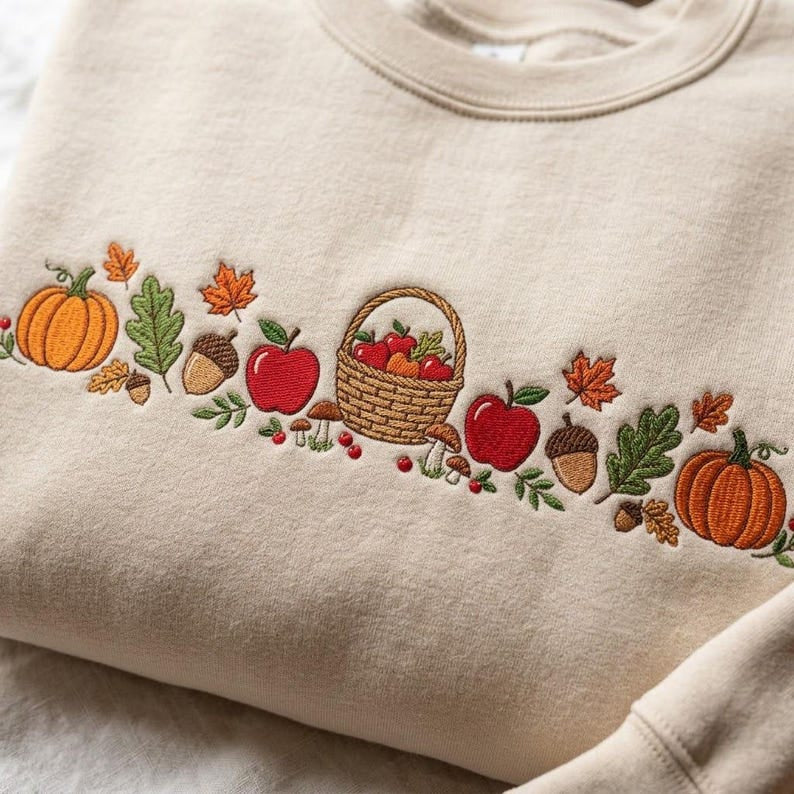 Embroidered Fall Harvest Pumpkin Shirt, Autumn Cozy Season Shirt, Thanksgiving Pumpkin Apple Shirt, Fall Gift, Fall Unisex Kid Adult Shirt HLNS05