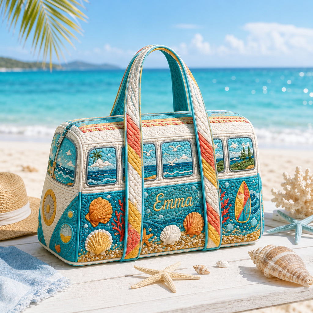 Personalized Coastal Quilted Duffle Bag, Custom Beach Travel Bag with Name, Ocean Weekender Bag, Summer Vacation Gift DFB27