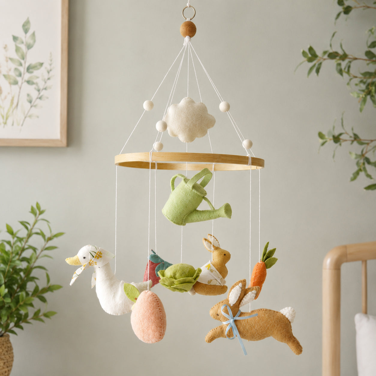 Personalized Garden Bunny Felt Baby Mobile, Handmade Rabbit Nursery Crib Mobile, Goose, Carrot and Spring Baby Room Decor BBMB05