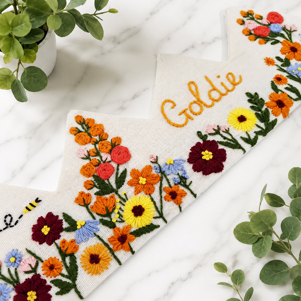 Hand-Embroidered Flower Linen Birthday Crown, Personalized Floral Name Keepsake, Birthday Crown For Kid, Custom Embroidered Crown EMC04