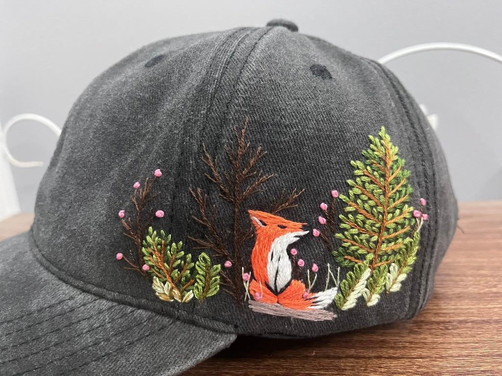 Fox Forest Hand-Embroidered Baseball Cap, Custom Embroidered Cap, Hand Embroidered Cap, Custom Hat Embroidery, Gift For Her EMH05