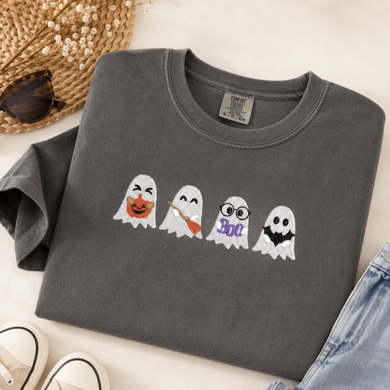Embroidered Cute Ghost Shirt, Embroidered Halloween Shirt, Halloween Ghost Sweatshirt, Cute Halloween Shirt, Halloween Cute Ghost Shirt HLEM05