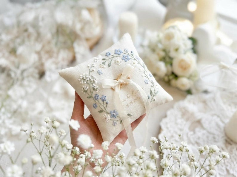 Personalized Embroidered Summer Floral Wedding Ring Bearer Pillow, Custom Wedding Ring Pillow, Wedding Keepsake Gift WPILLOW04